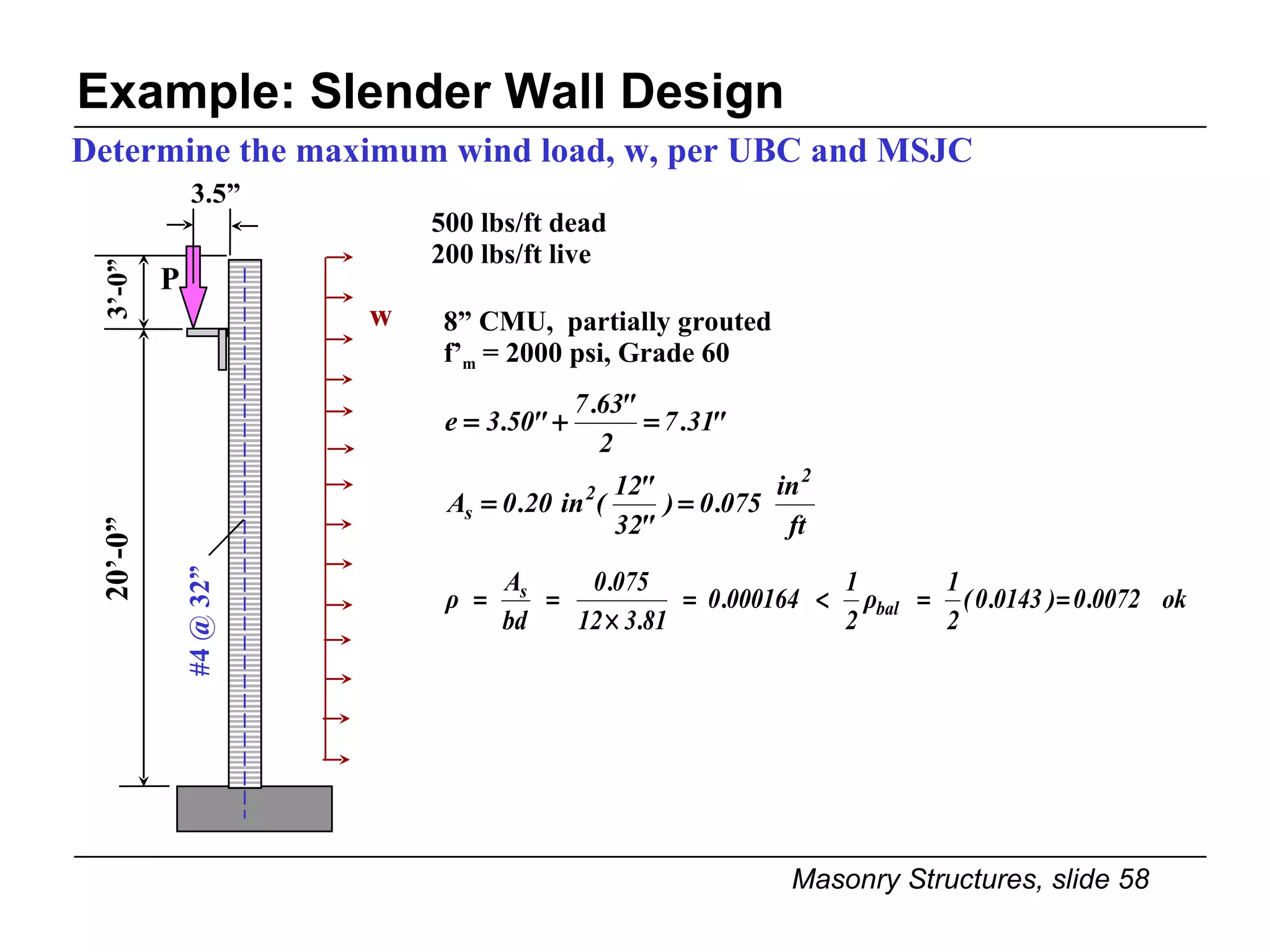 Example: Slender Wall Design Determine the maximum wind load, w, per UBC and MSJC 8” CMU,  partially grouted f’ m  = 2000 psi, Grade 60 500 lbs/ft dead 200 lbs/ft live #4 @ 32” 20’-0” 3’-0” 3.5” P w 