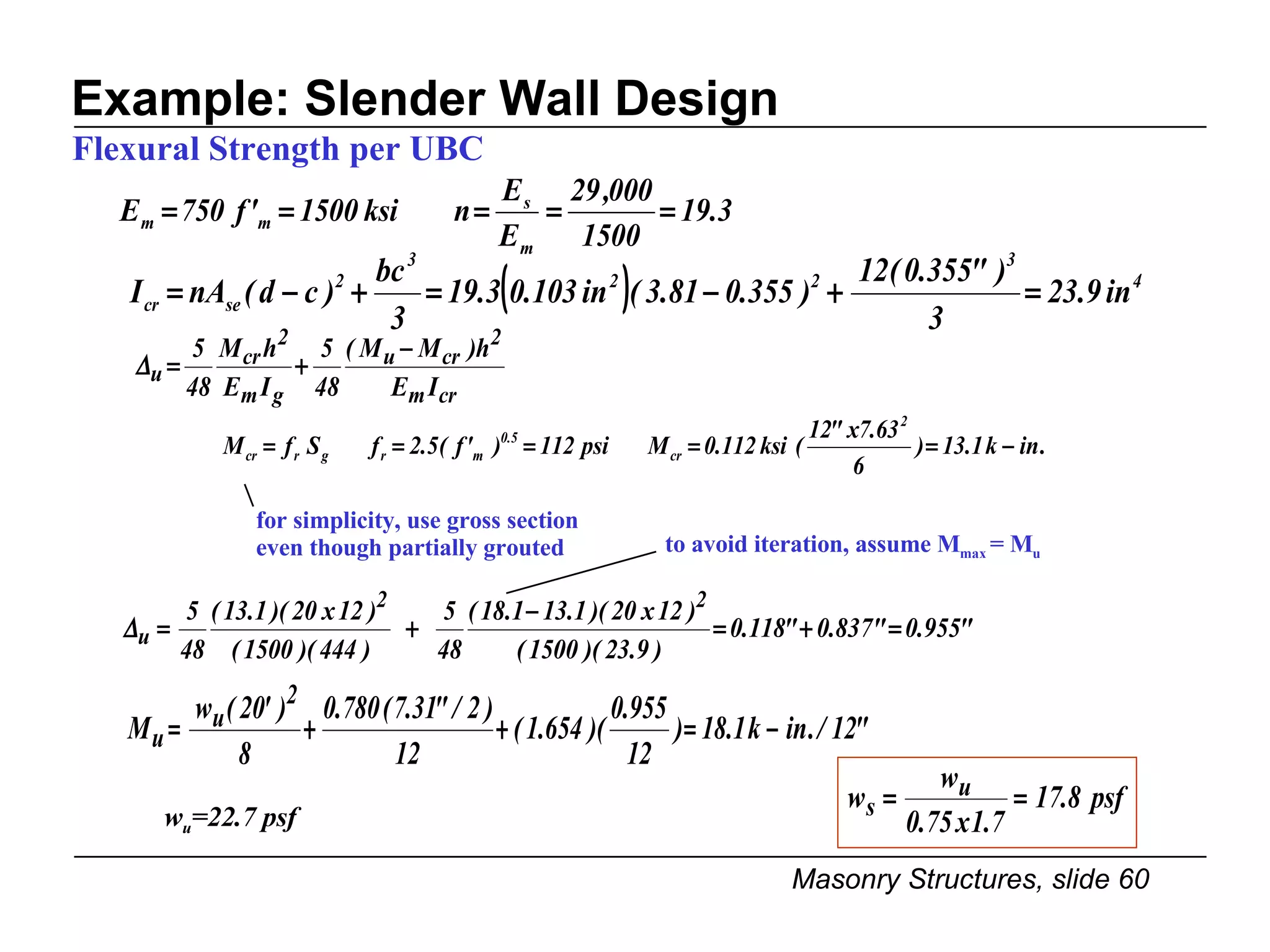 Example: Slender Wall Design to avoid iteration, assume M max  = M u Flexural Strength per UBC w u =22.7 psf for simplicity, use gross section even though partially grouted 