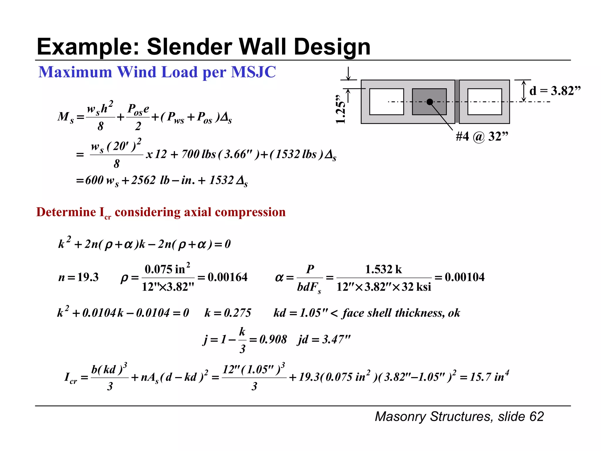 Example: Slender Wall Design Maximum Wind Load per MSJC Determine I cr  considering axial compression 1.25” #4 @ 32” d = 3.82” 
