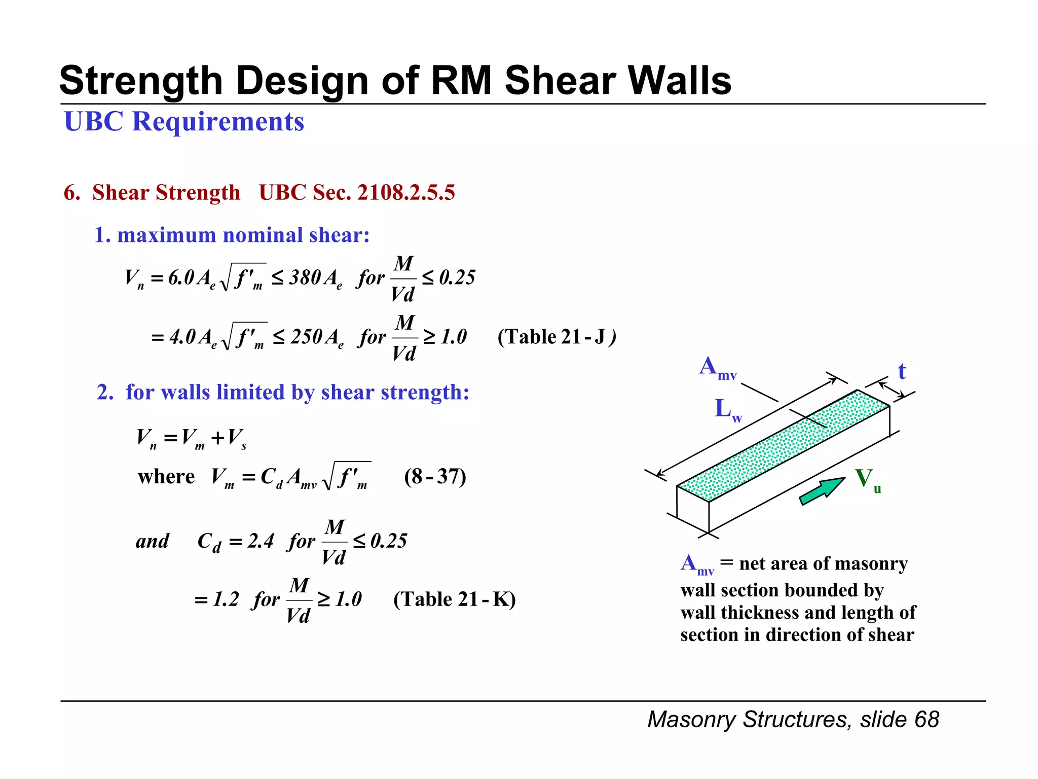 Strength Design of RM Shear Walls UBC Requirements A mv  =  net area of masonry wall section bounded by  wall thickness and length of section in direction of shear 2.  for walls limited by shear strength: 6.  Shear Strength  UBC Sec. 2108.2.5.5 1. maximum nominal shear:  A mv L w V u t 