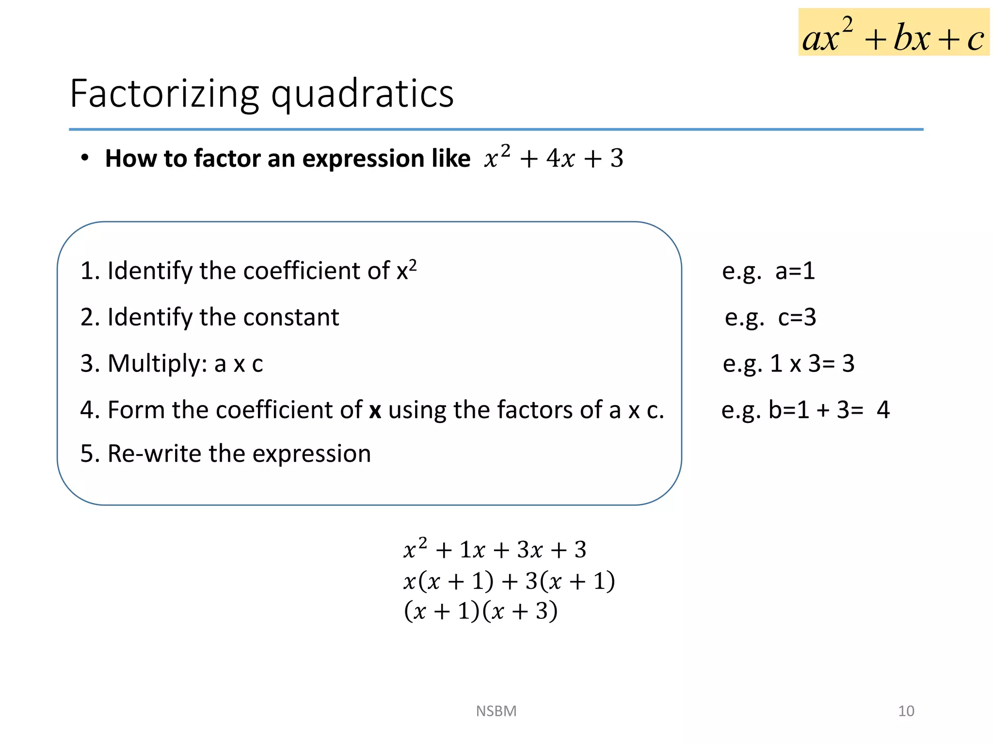 NSBM
• How to factor an expression like 𝑥2 + 4𝑥 + 3
1. Identify the coefficient of x2 e.g. a=1
2. Identify the constant e.g. c=3
3. Multiply: a x c e.g. 1 x 3= 3
4. Form the coefficient of x using the factors of a x c. e.g. b=1 + 3= 4
5. Re-write the expression
c
bx
ax 

2
10
Factorizing quadratics
𝑥2
+ 1𝑥 + 3𝑥 + 3
𝑥 𝑥 + 1 + 3 𝑥 + 1
𝑥 + 1 𝑥 + 3
 