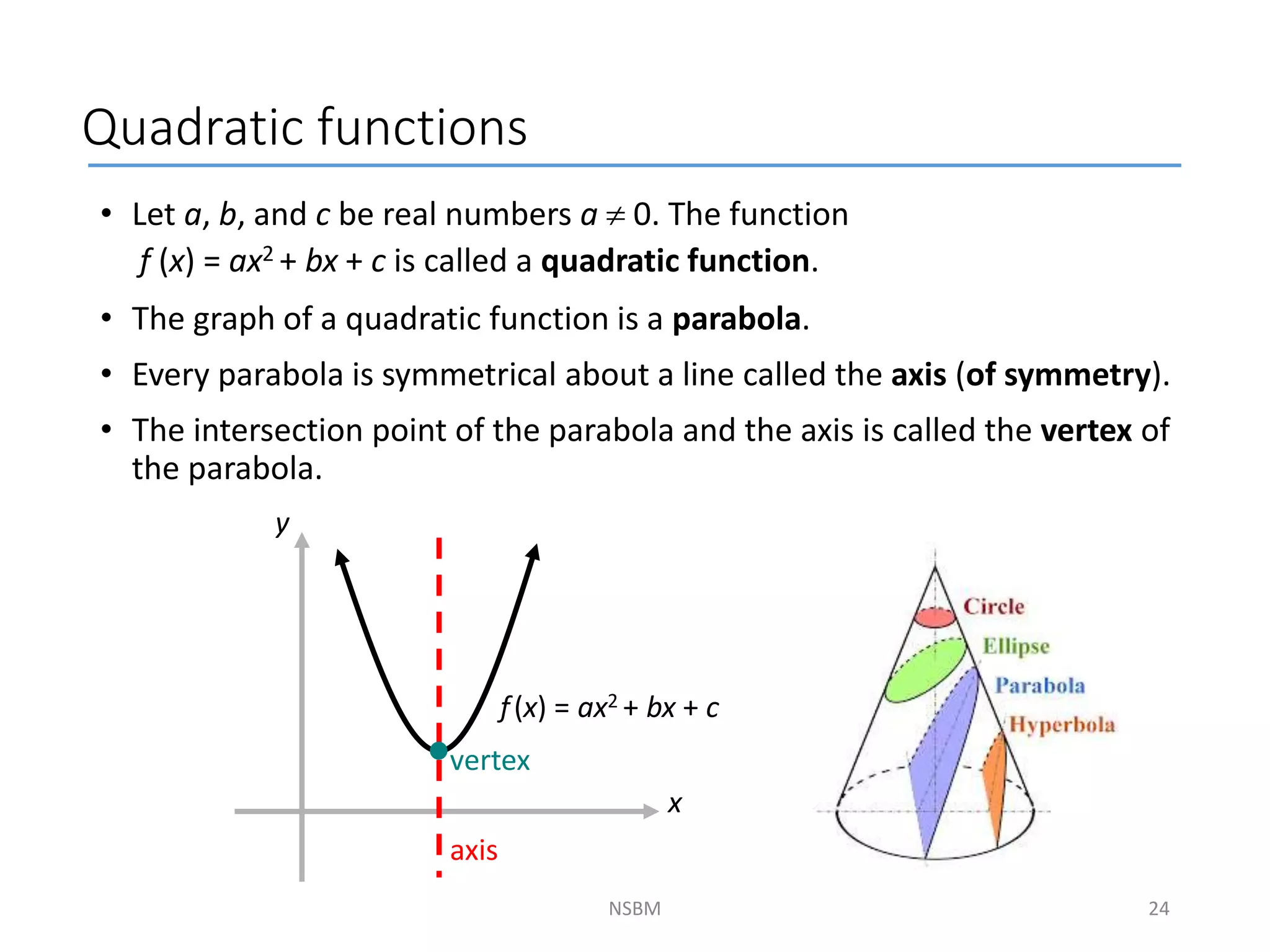 Quadratic functions
• Let a, b, and c be real numbers a  0. The function
f (x) = ax2 + bx + c is called a quadratic function.
• The graph of a quadratic function is a parabola.
• Every parabola is symmetrical about a line called the axis (of symmetry).
• The intersection point of the parabola and the axis is called the vertex of
the parabola.
NSBM 24
x
y
axis
f(x) = ax2 + bx + c
vertex
 