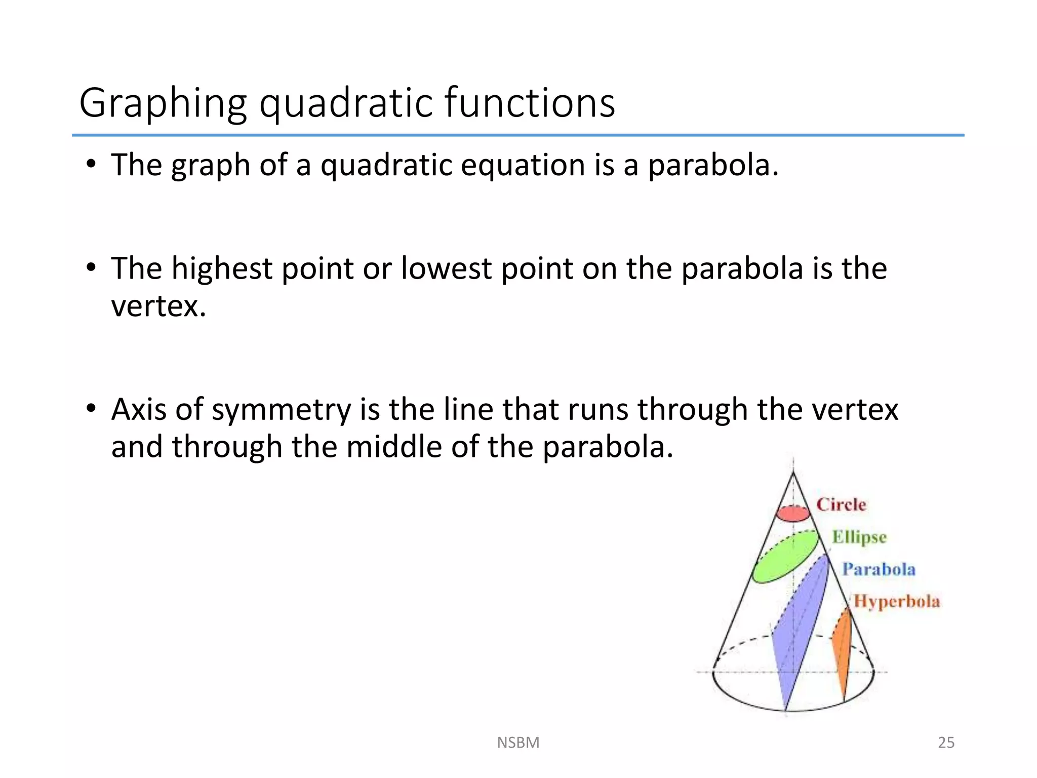 Graphing quadratic functions
NSBM 25
• The graph of a quadratic equation is a parabola.
• The highest point or lowest point on the parabola is the
vertex.
• Axis of symmetry is the line that runs through the vertex
and through the middle of the parabola.
 