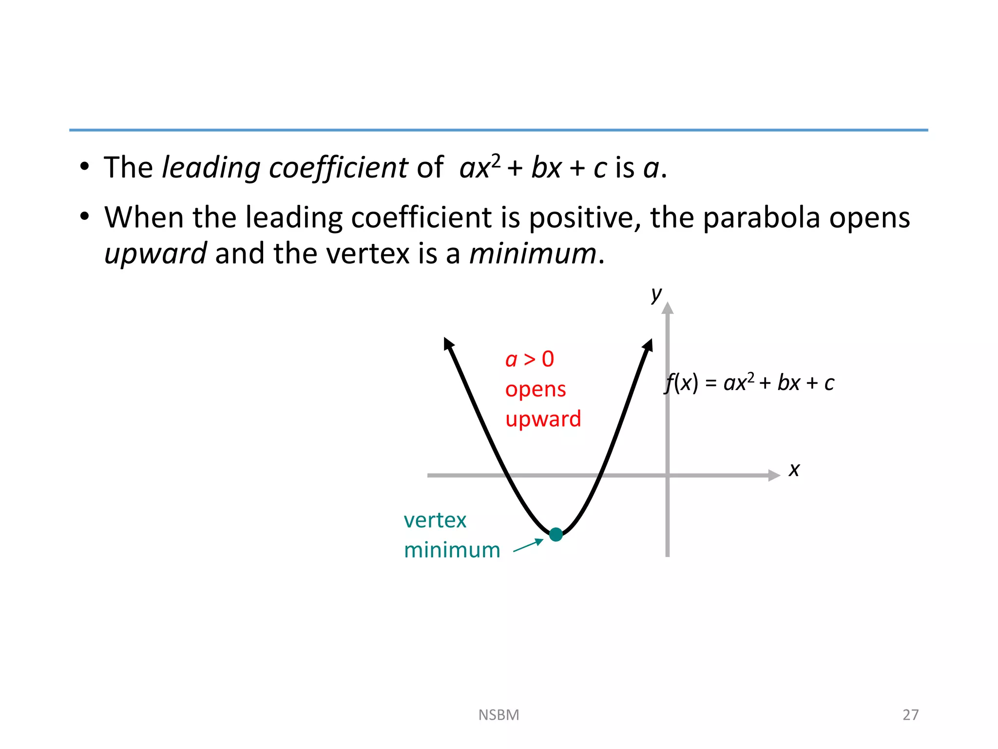 • The leading coefficient of ax2 + bx + c is a.
• When the leading coefficient is positive, the parabola opens
upward and the vertex is a minimum.
NSBM 27
x
y
f(x) = ax2 + bx + c
a > 0
opens
upward
vertex
minimum
 