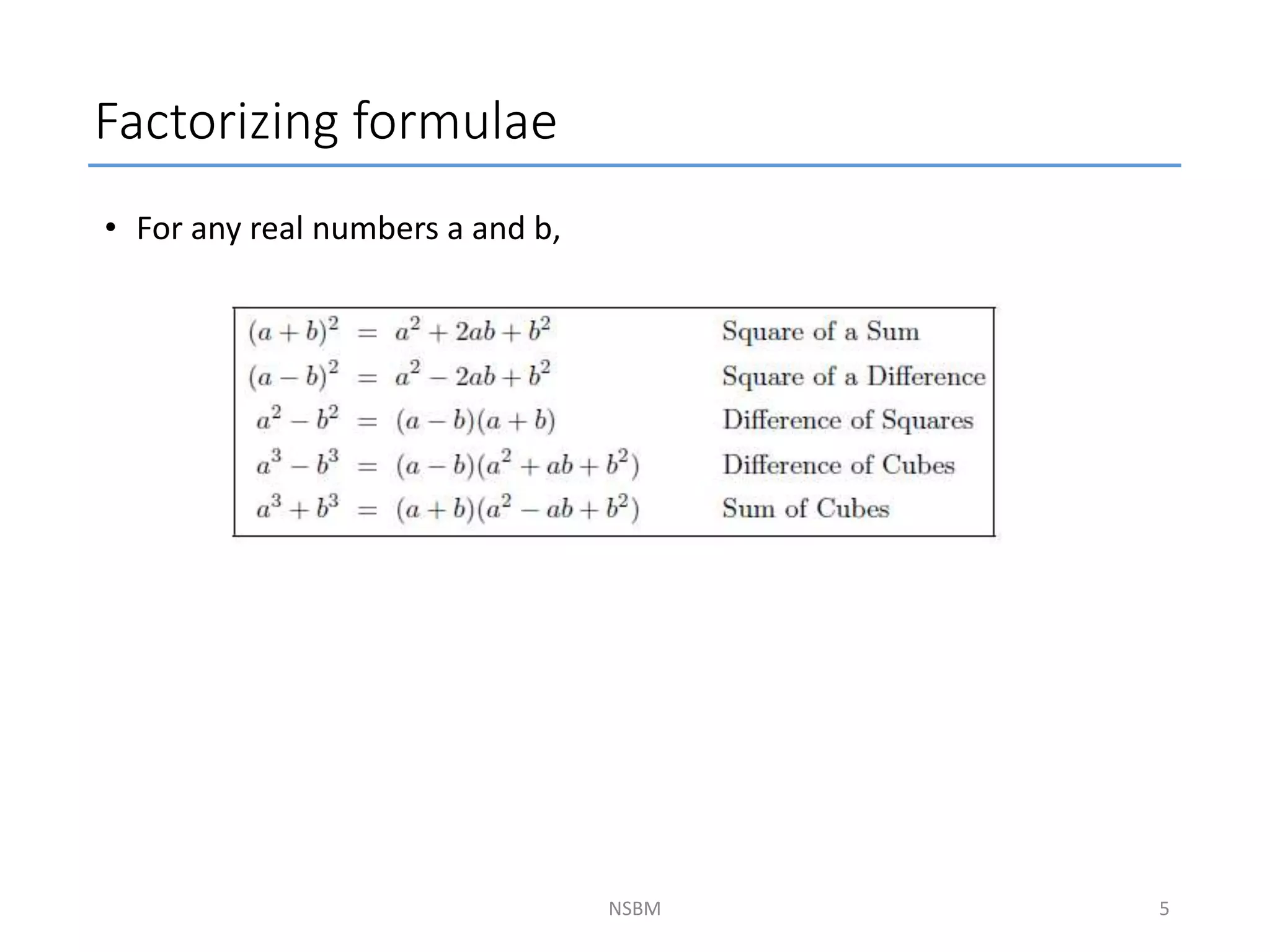 • For any real numbers a and b,
Factorizing formulae
NSBM 5
 