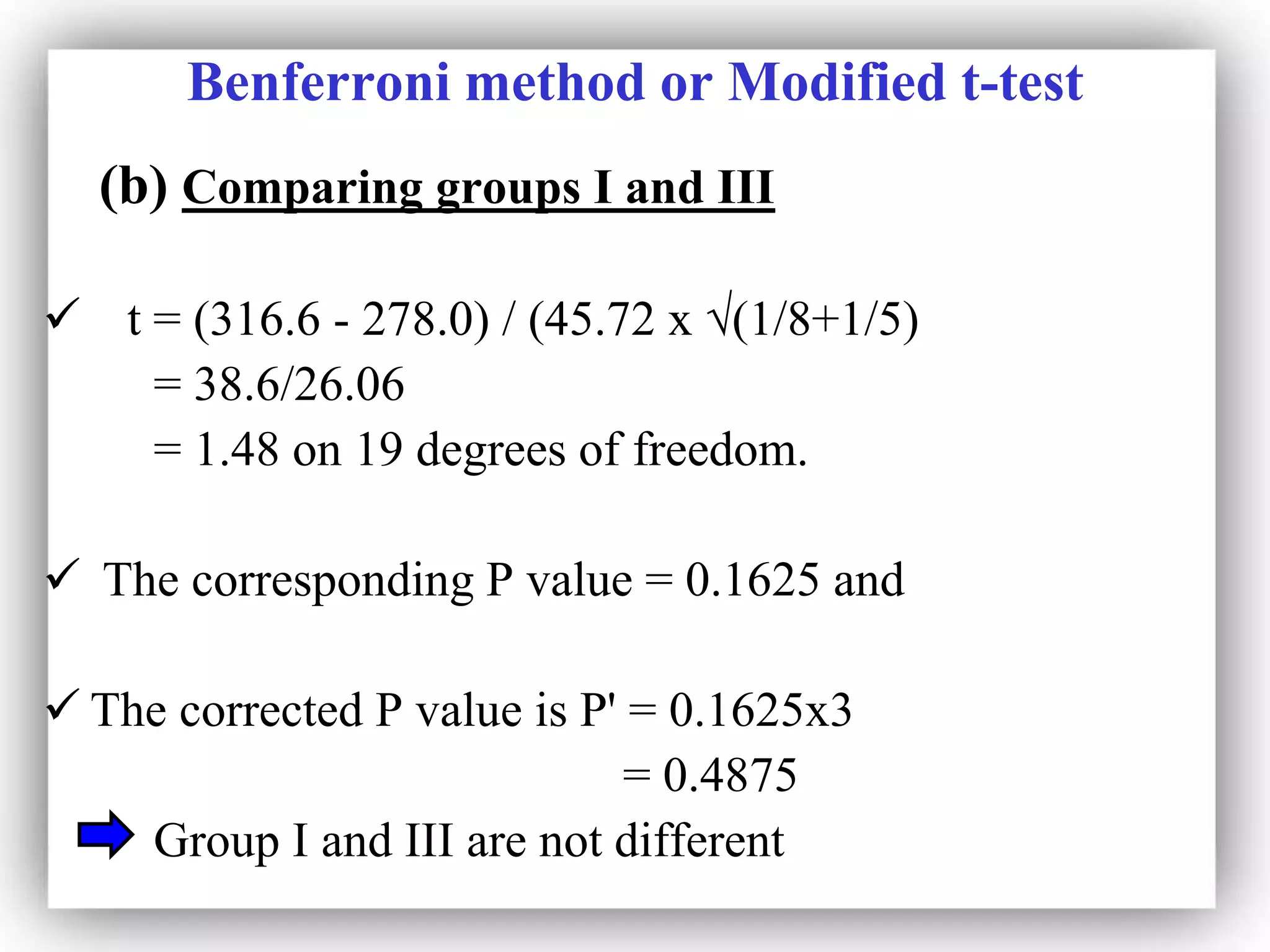 Benferroni method or Modified t-test
(b) Comparing groups I and III
 t = (316.6 - 278.0) / (45.72 x √(1/8+1/5)
= 38.6/26.06
= 1.48 on 19 degrees of freedom.
 The corresponding P value = 0.1625 and
 The corrected P value is P' = 0.1625x3
= 0.4875
Group I and III are not different
 