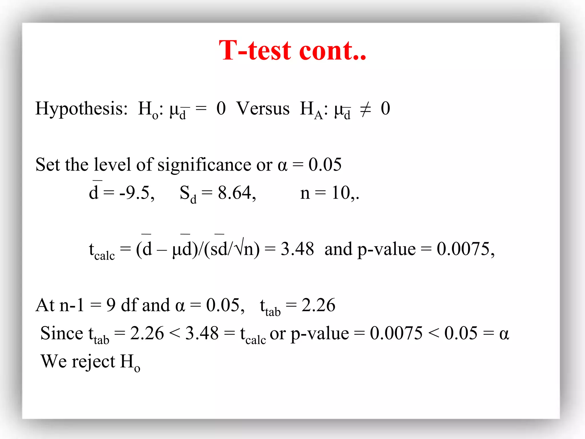 T-test cont..
Hypothesis: Ho: μd = 0 Versus HA: μd ≠ 0
Set the level of significance or α = 0.05
d = -9.5, Sd = 8.64, n = 10,.
tcalc = (d – μd)/(sd/√n) = 3.48 and p-value = 0.0075,
At n-1 = 9 df and α = 0.05, ttab = 2.26
Since ttab = 2.26 < 3.48 = tcalc or p-value = 0.0075 < 0.05 = α
We reject Ho
 