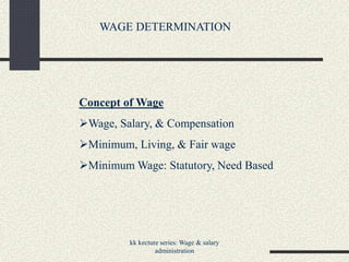 kk kecture series: Wage & salary
administration
WAGE DETERMINATION
Concept of Wage
Wage, Salary, & Compensation
Minimum, Living, & Fair wage
Minimum Wage: Statutory, Need Based
 