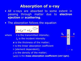 • All x-rays are absorbed to some extent in
passing through matter due to electron
ejection or scattering.
• The absorption follows the equation
where I is the transmitted intensity;
I0 is the incident intensity
x is the thickness of the matter;
 is the linear absorption coefficient
 (element dependent);
 is the density of the matter;
(/) is the mass absorption coefficient (cm2
/gm).
Absorption of x-ray
x
x
e
I
e
I
I



 










 0
0
I0 I
,

x
I
x
 