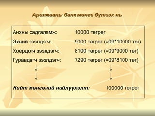 Арилжааны банк мөнгө бүтээх нь


Анхны хадгаламж:      10000 төгрөг
Эхний зээлдэгч:       9000 төгрөг (=09*10000 төг)
Хоёрдогч зээлдэгч:    8100 төгрөг (=09*9000 төг)
Гуравдагч зээлдэгч:   7290 төгрөг (=09*8100 төг)




Нийт мөнгөний нийлүүлэлт:            100000 төгрөг
 