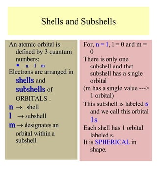 For,  n = 1 , l = 0 and m = 0 There is only one subshell and that subshell has a single orbital (m has a single value ---> 1 orbital) This subshell is labeled  s   and we call this orbital  1s Each shell has 1 orbital labeled s.  It is  SPHERICAL  in shape. An atomic orbital is defined by 3 quantum numbers: n   l   m Electrons are arranged in  shells   and  subshells  of ORBITALS   . n      shell l       subshell m     designates an orbital within a subshell Shells and Subshells 