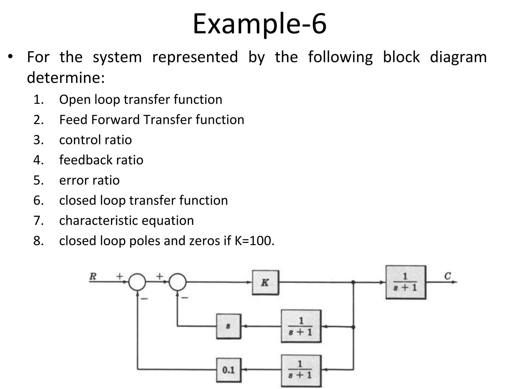 Example-6
• For the system represented by the following block diagram
determine:
1. Open loop transfer function
2. Feed Forward Transfer function
3. control ratio
4. feedback ratio
5. error ratio
6. closed loop transfer function
7. characteristic equation
8. closed loop poles and zeros if K=100.
 