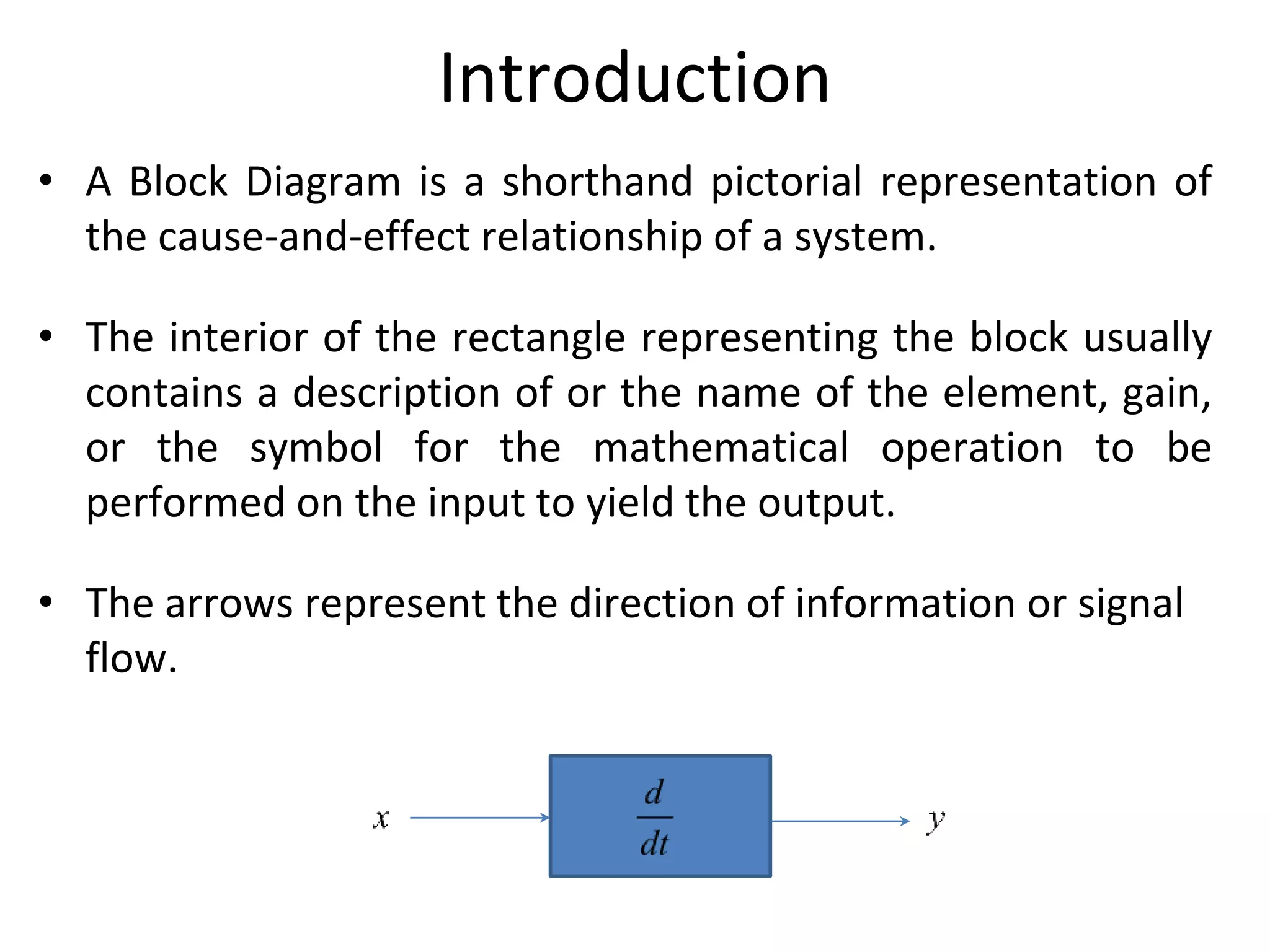 Introduction
• A Block Diagram is a shorthand pictorial representation of
the cause-and-effect relationship of a system.
• The interior of the rectangle representing the block usually
contains a description of or the name of the element, gain,
or the symbol for the mathematical operation to be
performed on the input to yield the output.
• The arrows represent the direction of information or signal
flow.
 