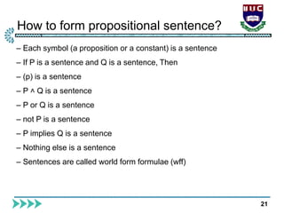 How to form propositional sentence?
21
– Each symbol (a proposition or a constant) is a sentence
– If P is a sentence and Q is a sentence, Then
– (p) is a sentence
– P ˄ Q is a sentence
– P or Q is a sentence
– not P is a sentence
– P implies Q is a sentence
– Nothing else is a sentence
– Sentences are called world form formulae (wff)
 