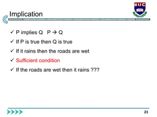 Implication
23
 P implies Q P  Q
 If P is true then Q is true
 If it rains then the roads are wet
 Sufficient condition
 If the roads are wet then it rains ???
 