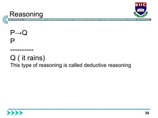 Reasoning
38
P→Q
P
----------
Q ( it rains)
This type of reasoning is called deductive reasoning
 