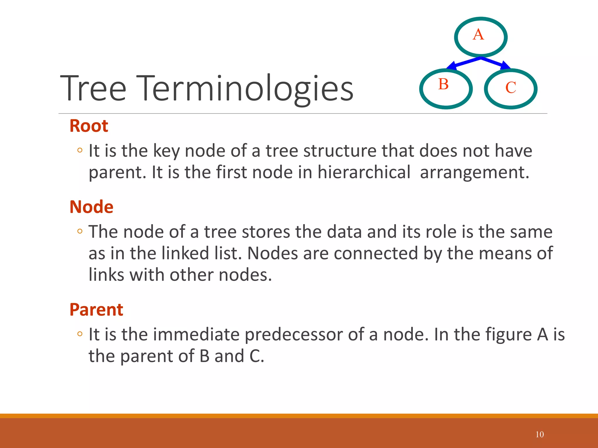 Tree Terminologies
10
Root
◦ It is the key node of a tree structure that does not have
parent. It is the first node in hierarchical arrangement.
Node
◦ The node of a tree stores the data and its role is the same
as in the linked list. Nodes are connected by the means of
links with other nodes.
Parent
◦ It is the immediate predecessor of a node. In the figure A is
the parent of B and C.
B
A
C
 