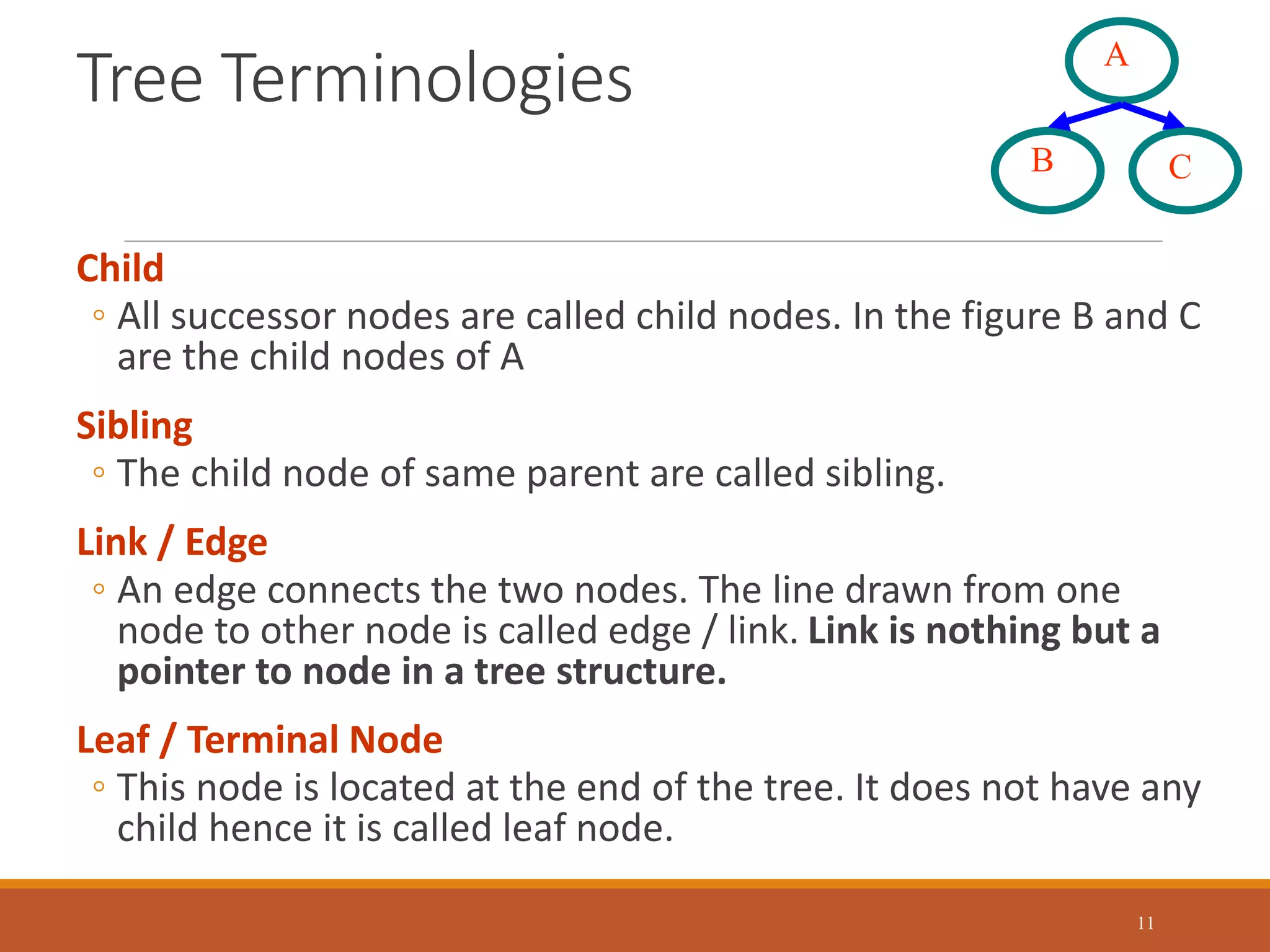 Tree Terminologies
Child
◦ All successor nodes are called child nodes. In the figure B and C
are the child nodes of A
Sibling
◦ The child node of same parent are called sibling.
Link / Edge
◦ An edge connects the two nodes. The line drawn from one
node to other node is called edge / link. Link is nothing but a
pointer to node in a tree structure.
Leaf / Terminal Node
◦ This node is located at the end of the tree. It does not have any
child hence it is called leaf node.
11
B
A
C
 