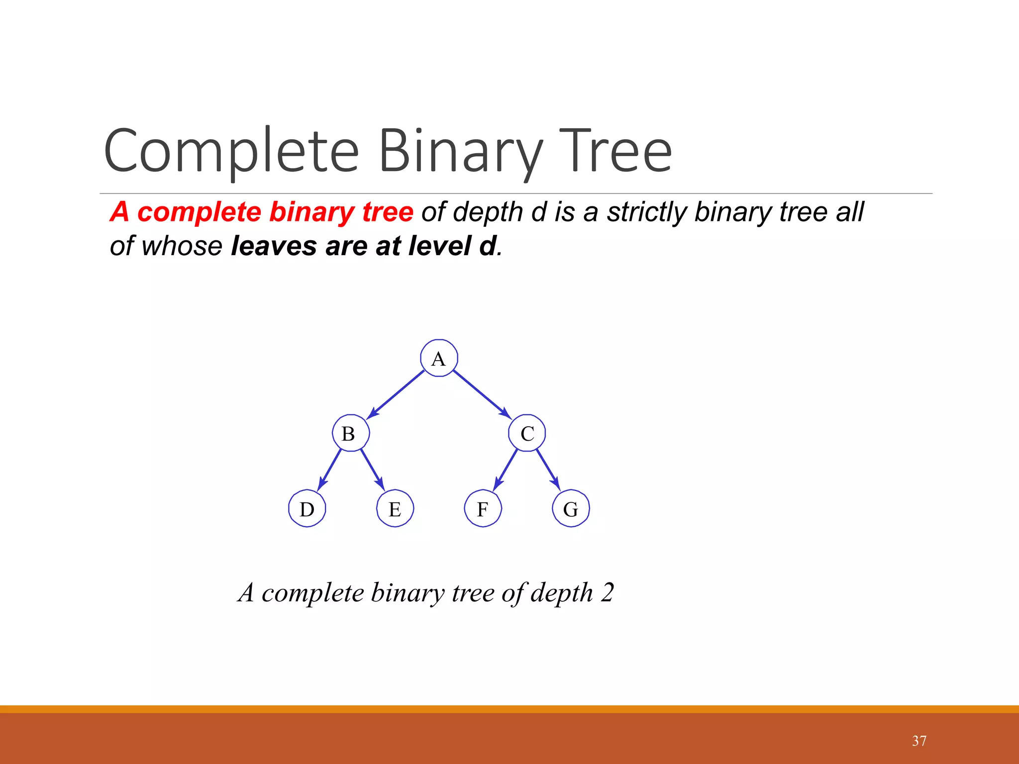 Complete Binary Tree
37
A complete binary tree of depth d is a strictly binary tree all
of whose leaves are at level d.
D E F G
C
B
A
A complete binary tree of depth 2
 