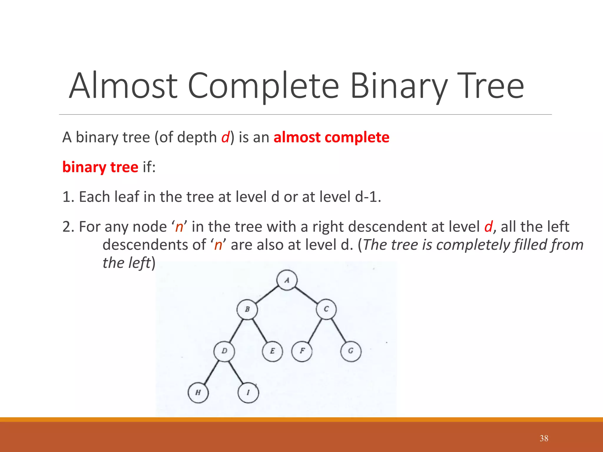 Almost Complete Binary Tree
A binary tree (of depth d) is an almost complete
binary tree if:
1. Each leaf in the tree at level d or at level d-1.
2. For any node ‘n’ in the tree with a right descendent at level d, all the left
descendents of ‘n’ are also at level d. (The tree is completely filled from
the left)
38
 