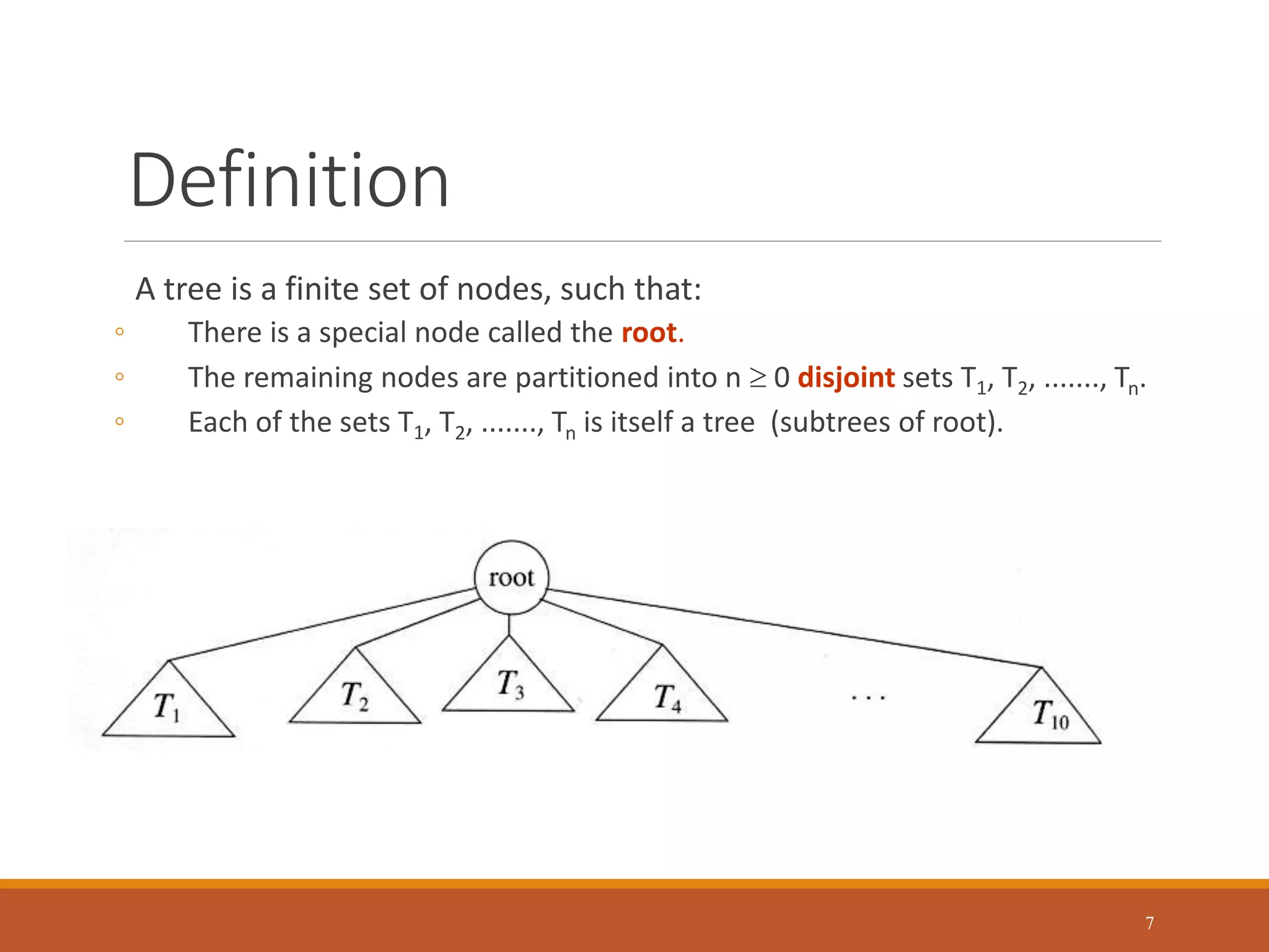 Definition
A tree is a finite set of nodes, such that:
◦ There is a special node called the root.
◦ The remaining nodes are partitioned into n  0 disjoint sets T1, T2, ......., Tn.
◦ Each of the sets T1, T2, ......., Tn is itself a tree (subtrees of root).
7
 