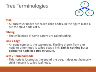 Tree Terminologies
Child
◦ All successor nodes are called child nodes. In the figure B and C
are the child nodes of A
Sibling
◦ The child node of same parent are called sibling.
Link / Edge
◦ An edge connects the two nodes. The line drawn from one
node to other node is called edge / link. Link is nothing but a
pointer to node in a tree structure.
Leaf / Terminal Node
◦ This node is located at the end of the tree. It does not have any
child hence it is called leaf node.
11
B
A
C
 