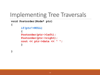 Implementing Tree Traversals
void Postorder(Node* ptr)
{
if(ptr!=NULL)
{
Postorder(ptr->left);
Postorder(ptr->right);
cout << ptr->data << “ “;
}
}
128
 