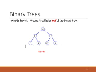 Binary Trees
17
A node having no sons is called a leaf of the binary tree.
D E F G
C
B
A
leaves
 
