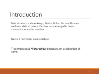 Introduction
Data structure such as Arrays, Stacks, Linked List and Queues
are linear data structure. Elements are arranged in linear
manner i.e. one after another.
Tree is a non-linear data structure.
Tree imposes a Hierarchical structure, on a collection of
items.
3
 
