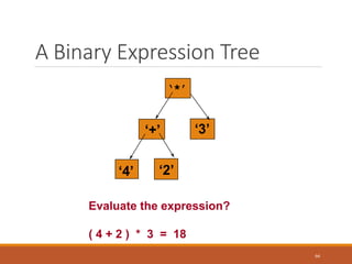 A Binary Expression Tree
66
‘*’
‘+’
‘4’
‘3’
‘2’
Evaluate the expression?
( 4 + 2 ) * 3 = 18
 