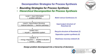Decomposition Strategies for Process Synthesis
• Bounding Strategies for Process Synthesis
• Hierarchical Decomposition for Process Synthesis
Level 1. Input Information
i problem definition Batch versus Continuous (1)
Level 2. Input-Output Structure
i material selection i reaction pathways
Input-output structure of
flowsheet (2)
Recycle structure of flowsheet (3)
Separation system synthesis (4)
Levels 3 & 4.
i recycle i separation system
Levels 5 - 8.
i energy integration i detailed evaluation
i control i safety
Heat/mass recovery network (5)
Design problem decomposed into a hierarchy of decisions
 
