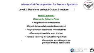 Hierarchical Decomposition for Process Synthesis
Level 2: Decisions on Input-Output Structure
Product streams?
Observe the following Rules
• Recycle unreacted reactants
• Recycle intermediate reactants (products)
• Recycle/remove azeotropes with reactants*
• Remove (recover) the main product
• Remove (recover) the valuable by-products
• Remove (as waste)/recycle by-
products that are not valuable
 