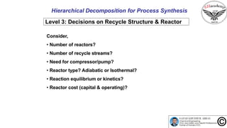 Hierarchical Decomposition for Process Synthesis
Level 3: Decisions on Recycle Structure & Reactor
Consider,
• Number of reactors?
• Number of recycle streams?
• Need for compressor/pump?
• Reactor type? Adiabatic or Isothermal?
• Reaction equilibrium or kinetics?
• Reactor cost (capital & operating)?
 