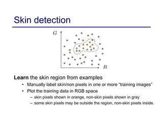 Skin detection
Learn the skin region from examples
• Manually label skin/non pixels in one or more “training images”
• Plot the training data in RGB space
– skin pixels shown in orange, non-skin pixels shown in gray
– some skin pixels may be outside the region, non-skin pixels inside.
 