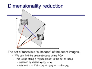 CSE 576, Spring 2008 Face Recognition and Detection 52
Dimensionality reduction
The set of faces is a “subspace” of the set of images
• We can find the best subspace using PCA
• This is like fitting a “hyper-plane” to the set of faces
– spanned by vectors v1, v2, ..., vK
– any face
 