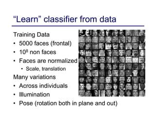 “Learn” classifier from data
Training Data
• 5000 faces (frontal)
• 108 non faces
• Faces are normalized
• Scale, translation
Many variations
• Across individuals
• Illumination
• Pose (rotation both in plane and out)
 
