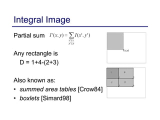Partial sum
Any rectangle is
D = 1+4-(2+3)
Also known as:
• summed area tables [Crow84]
• boxlets [Simard98]
Integral Image
 