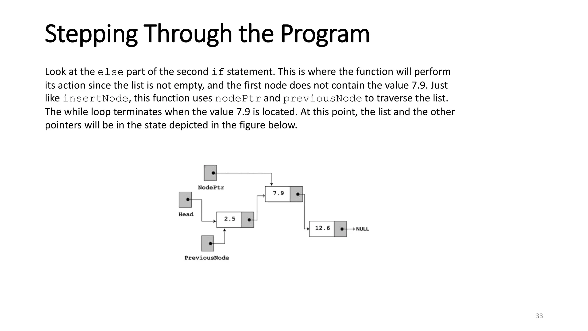 33
Look at the else part of the second if statement. This is where the function will perform
its action since the list is not empty, and the first node does not contain the value 7.9. Just
like insertNode, this function uses nodePtr and previousNode to traverse the list.
The while loop terminates when the value 7.9 is located. At this point, the list and the other
pointers will be in the state depicted in the figure below.
Stepping Through the Program
 