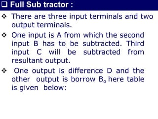  Full Sub tractor :
 There are three input terminals and two
output terminals.
 One input is A from which the second
input B has to be subtracted. Third
input C will be subtracted from
resultant output.
 One output is difference D and the
other output is borrow Bo here table
is given below:
 