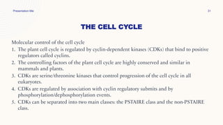 THE CELL CYCLE
Presentation title 31
Molecular control of the cell cycle
1. The plant cell cycle is regulated by cyclin-dependent kinases (CDKs) that bind to positive
regulators called cyclins.
2. The controlling factors of the plant cell cycle are highly conserved and similar in
mammals and plants.
3. CDKs are serine/threonine kinases that control progression of the cell cycle in all
eukaryotes.
4. CDKs are regulated by association with cyclin regulatory submits and by
phosphorylation/dephosphorylation events.
5. CDKs can be separated into two main classes: the PSTAIRE class and the non-PSTAIRE
class.
 