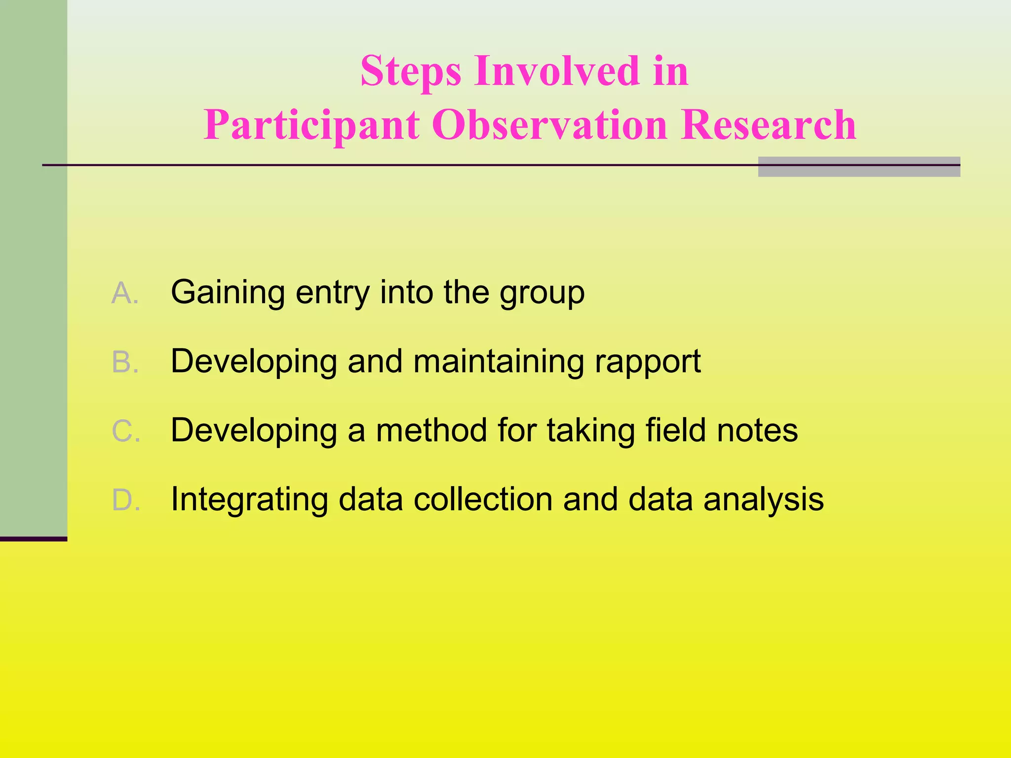 Steps Involved in
Participant Observation Research
A. Gaining entry into the group
B. Developing and maintaining rapport
C. Developing a method for taking field notes
D. Integrating data collection and data analysis
 