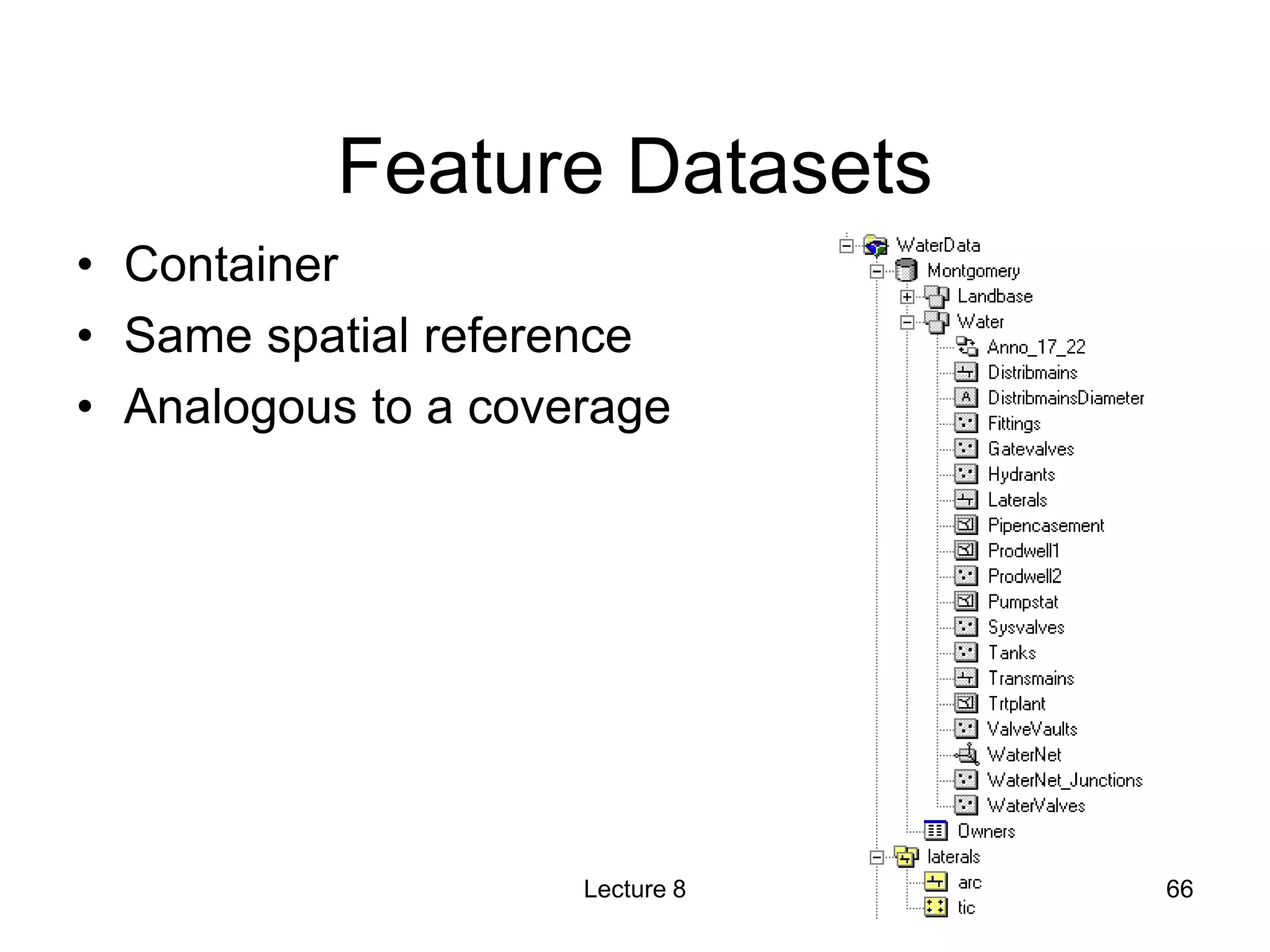 Feature Datasets
• Container
• Same spatial reference
• Analogous to a coverage
Lecture 8 66
 
