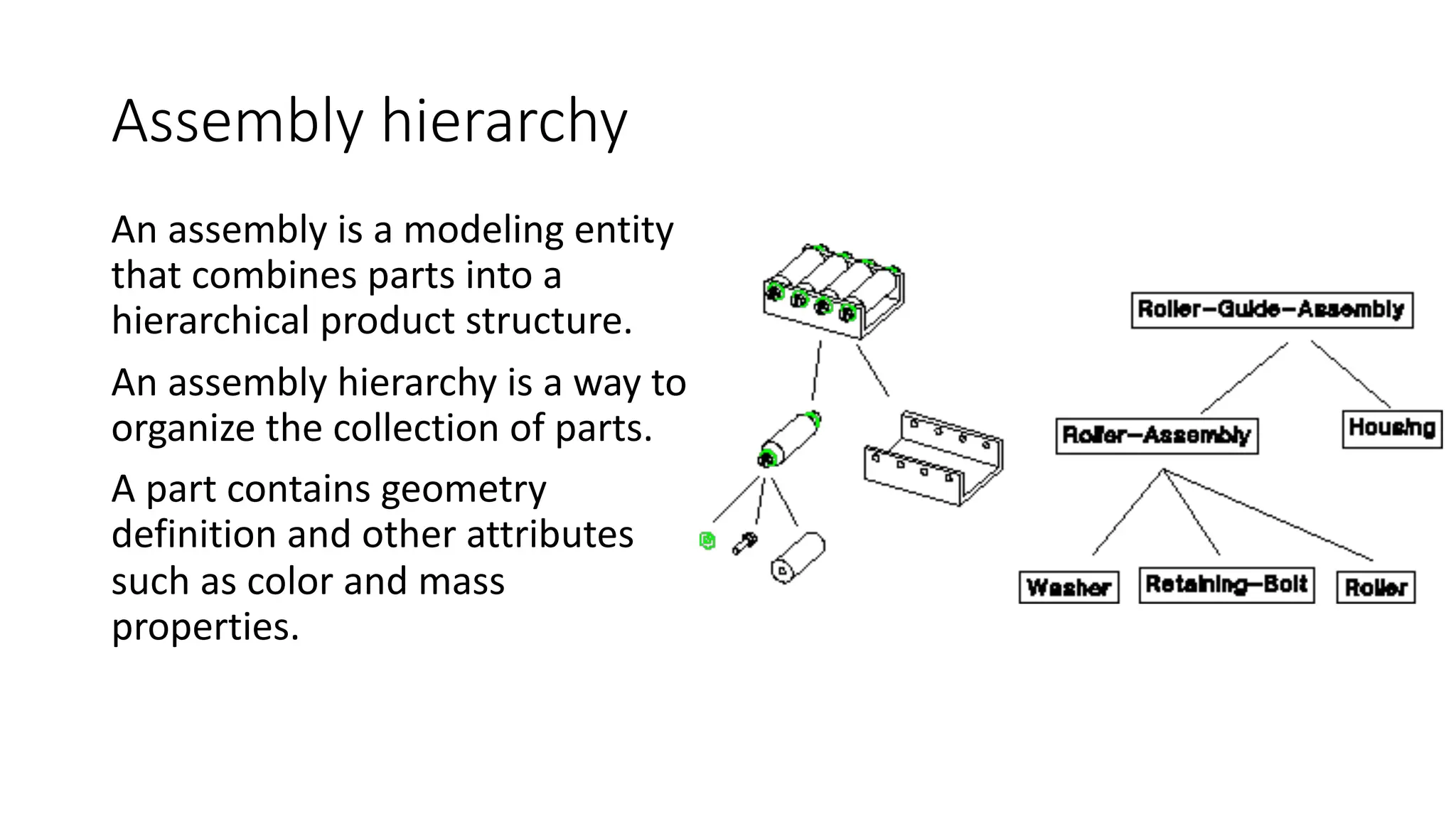 Assembly hierarchy
An assembly is a modeling entity
that combines parts into a
hierarchical product structure.
An assembly hierarchy is a way to
organize the collection of parts.
A part contains geometry
definition and other attributes
such as color and mass
properties.
 