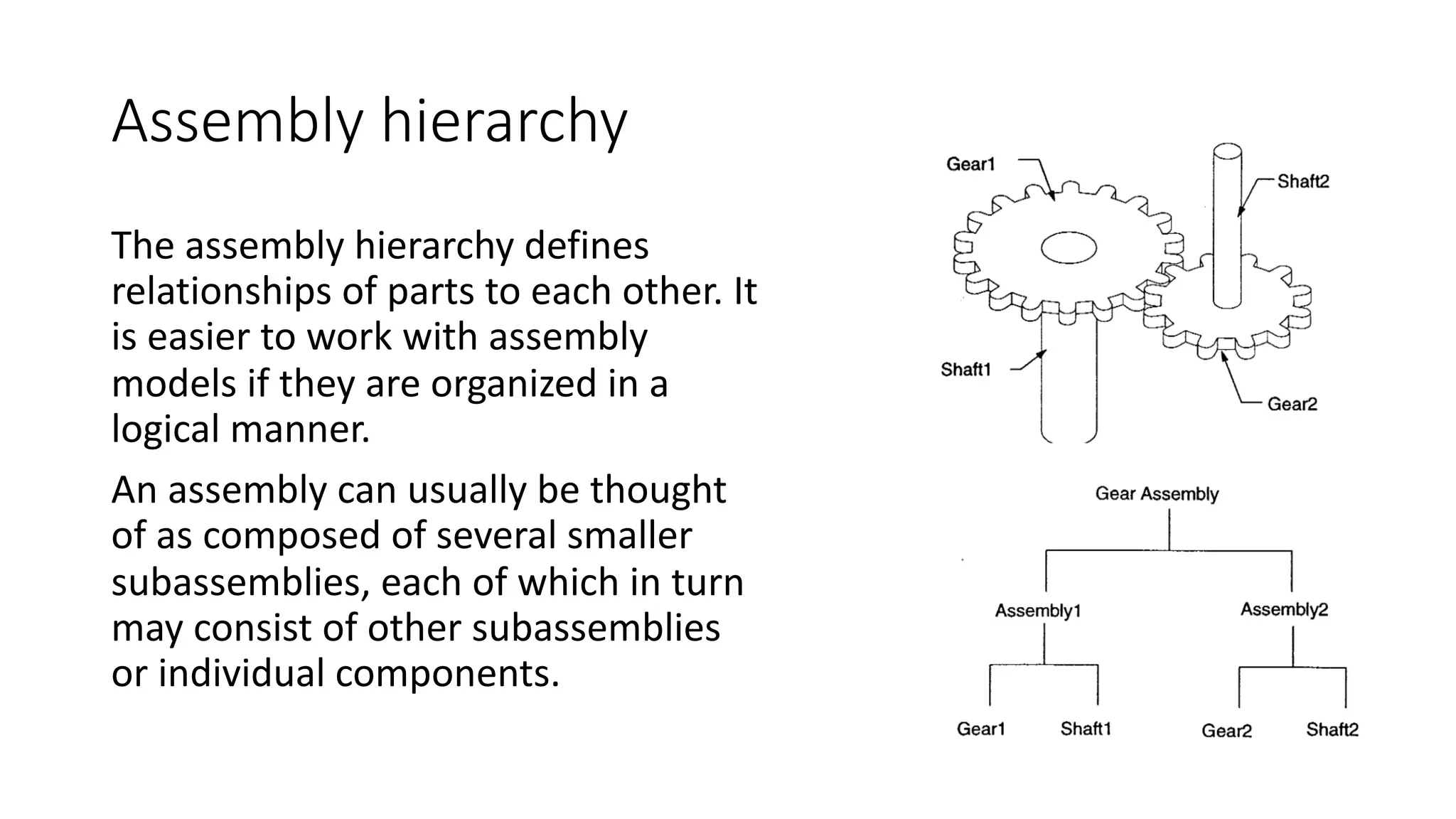 Assembly hierarchy
The assembly hierarchy defines
relationships of parts to each other. It
is easier to work with assembly
models if they are organized in a
logical manner.
An assembly can usually be thought
of as composed of several smaller
subassemblies, each of which in turn
may consist of other subassemblies
or individual components.
 