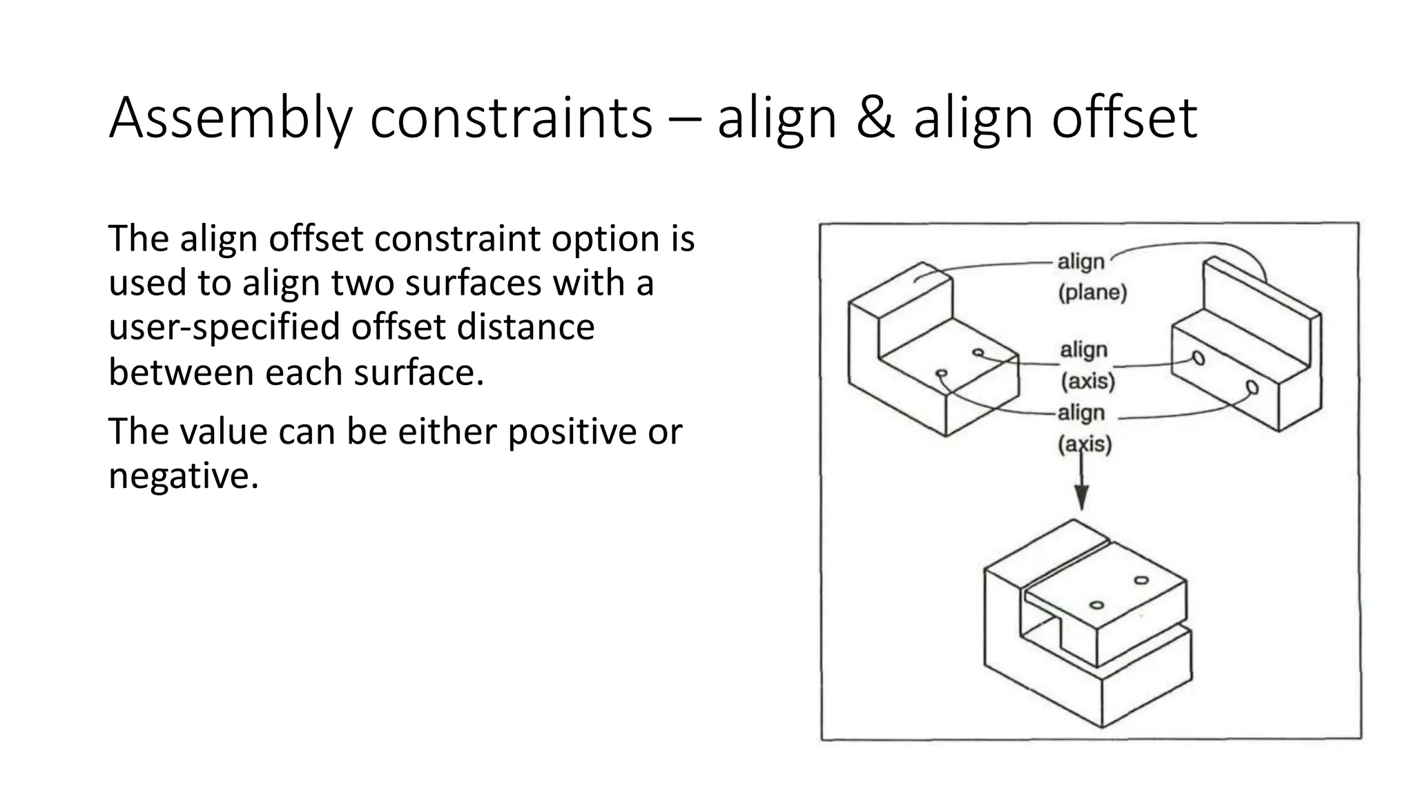 Assembly constraints – align & align offset
The align offset constraint option is
used to align two surfaces with a
user-specified offset distance
between each surface.
The value can be either positive or
negative.
 