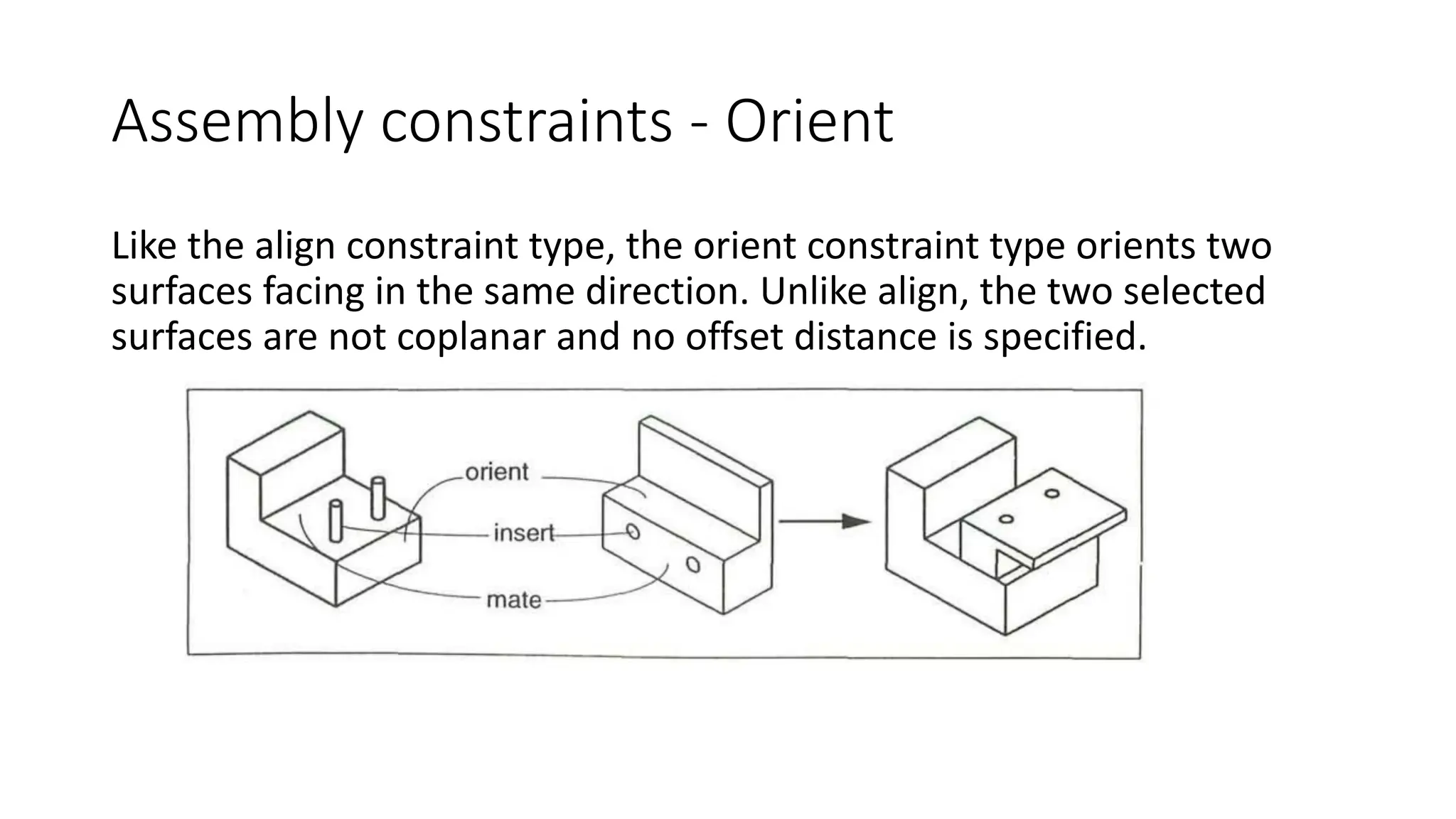 Assembly constraints - Orient
Like the align constraint type, the orient constraint type orients two
surfaces facing in the same direction. Unlike align, the two selected
surfaces are not coplanar and no offset distance is specified.
 