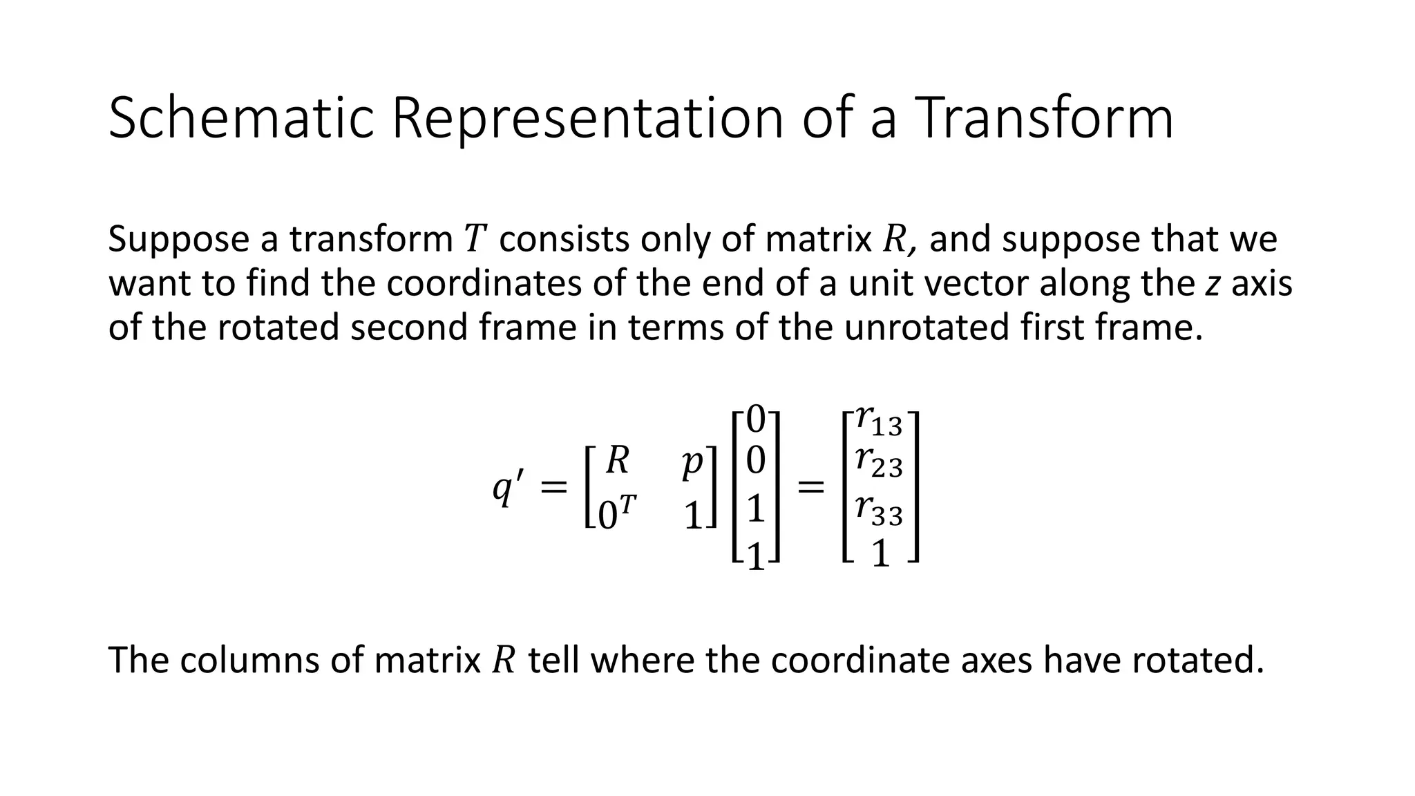 Schematic Representation of a Transform
Suppose a transform 𝑇 consists only of matrix 𝑅, and suppose that we
want to find the coordinates of the end of a unit vector along the z axis
of the rotated second frame in terms of the unrotated first frame.
𝑞(
=
𝑅 𝑝
0!
1
0
0
1
1
=
𝑟"$
𝑟#$
𝑟$$
1
The columns of matrix 𝑅 tell where the coordinate axes have rotated.
 