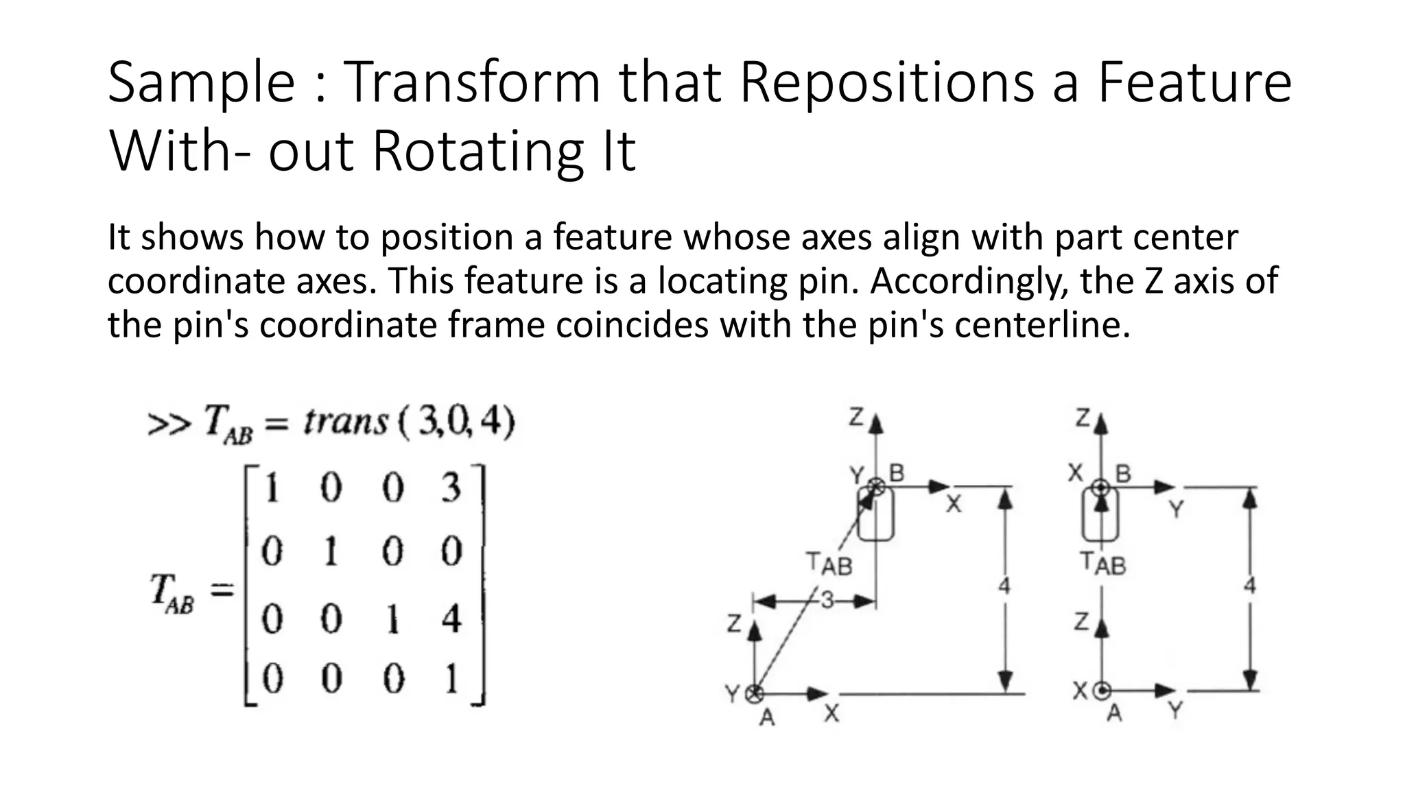 Sample : Transform that Repositions a Feature
With- out Rotating It
It shows how to position a feature whose axes align with part center
coordinate axes. This feature is a locating pin. Accordingly, the Z axis of
the pin's coordinate frame coincides with the pin's centerline.
 