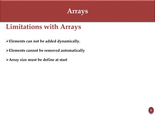 Arrays
Limitations with Arrays
Elements can not be added dynamically.
Elements cannot be removed automatically
Array size must be define at start
6
 