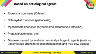 Dr .Waseem Safdar Medical Microbiology (MIC-663) NDBS - NUMS
Based on aetiological agents
• Rickettsial zoonoses (Q-fever),
• Chlamydial zoonoses (psittacosis),
• Mycoplasma zoonoses (Mycoplasma pneumoniae infection),
• Protozoal zoonoses, and
• Diseases caused by acellular non-viral pathogenic agents (such as
transmissible spongiform encephalopathies and mad cow disease)
 